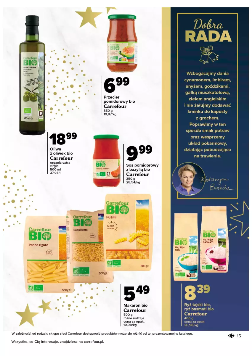 Gazetka promocyjna Carrefour - Gazetka Wszystkiego świątecznego w EXTRA CENACH - ważna 08.11 do 19.11.2022 - strona 15 - produkty: Bazyl, Gin, Groch, Makaron, Mus, Oliwa, Oliwa z oliwek, Penne, Ryż, Ryż basmati, Sos, Sos pomidorowy