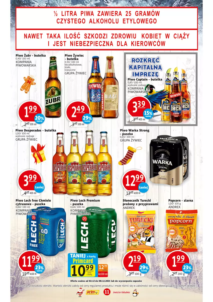 Gazetka promocyjna Prim Market - Gazetka - ważna 02.12 do 08.12.2021 - strona 11 - produkty: Desperados, Lech Premium, Piwo, Popcorn, Słonecznik turecki, Sok, Warka