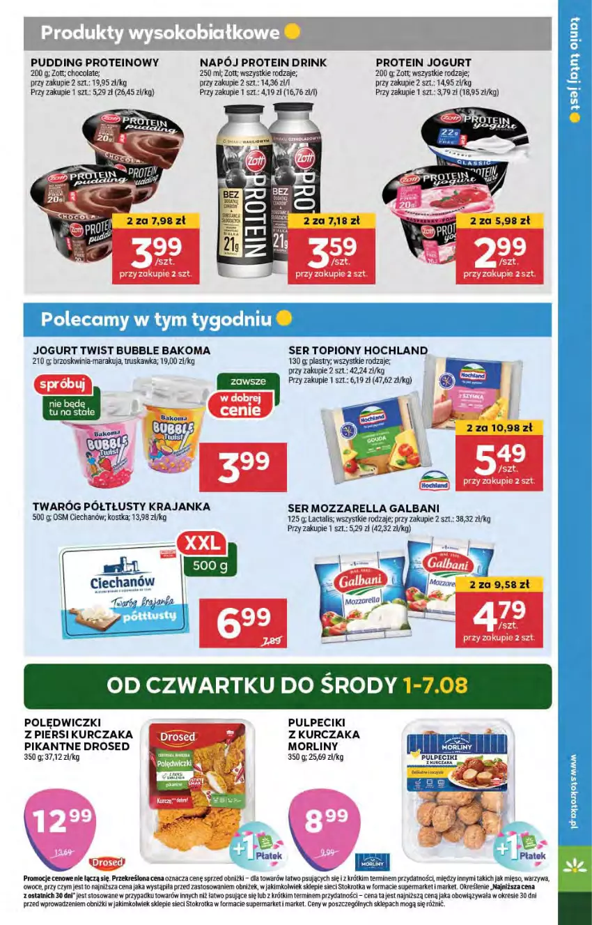 Gazetka promocyjna Stokrotka - Supermarket - ważna 01.08 do 07.08.2024 - strona 19 - produkty: Bakoma, Galbani, Hochland, Jogurt, Kurczak, Mięso, Morliny, Mozzarella, Napój, Owoce, Pudding, Ser, Ser topiony, Top, Twaróg, Twaróg półtłusty, Warzywa, Zott