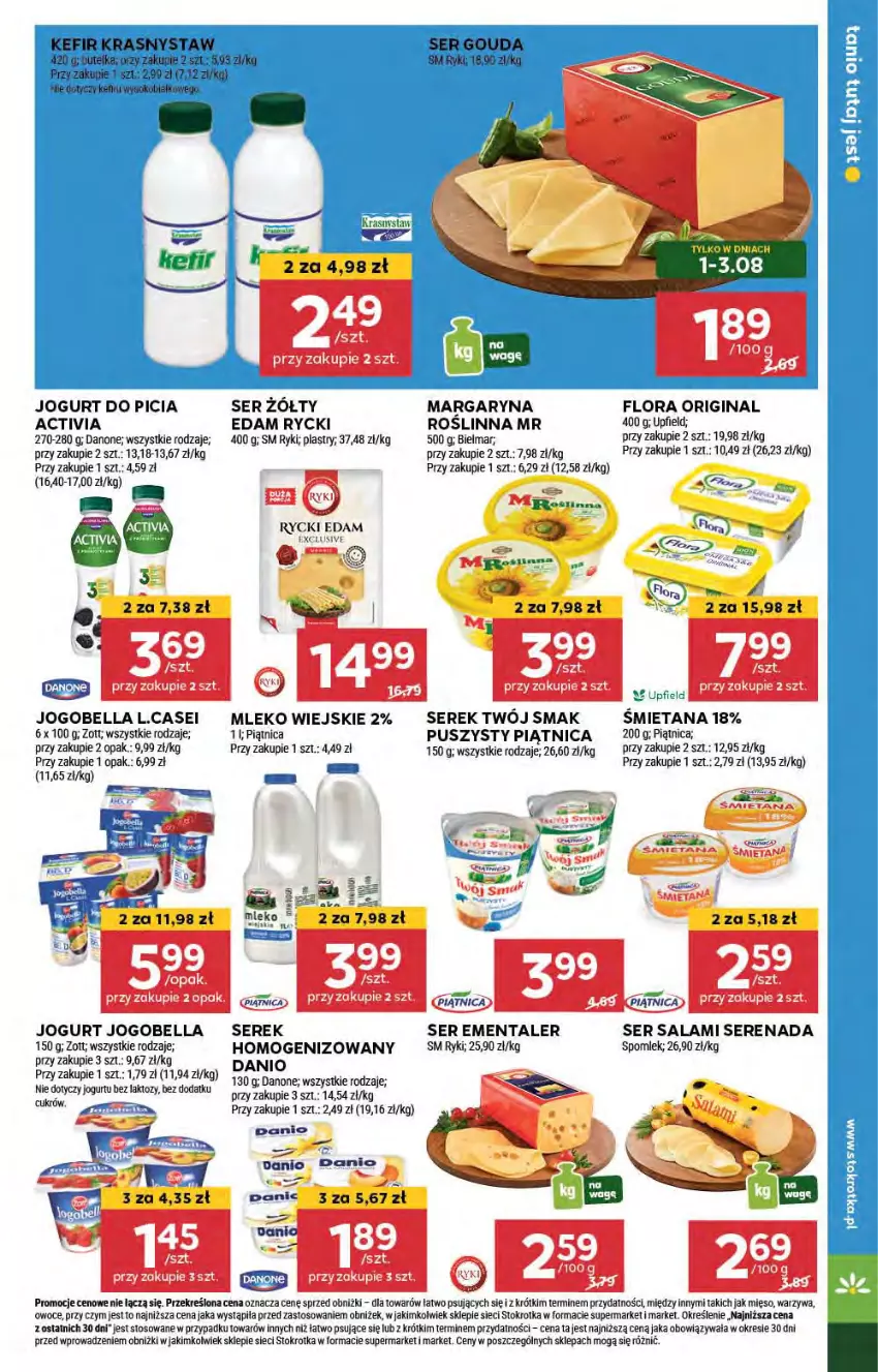 Gazetka promocyjna Stokrotka - Supermarket - ważna 01.08 do 07.08.2024 - strona 27 - produkty: Activia, Bell, Bella, Danio, Danone, Edam, Ementaler, Flora, Gin, Jogobella, Jogurt, Margaryna, Mięso, Mleko, Owoce, Piątnica, Rycki Edam, Salami, Ser, Ser salami, Serek, Serek homogenizowany, Twój Smak, Warzywa, Zott