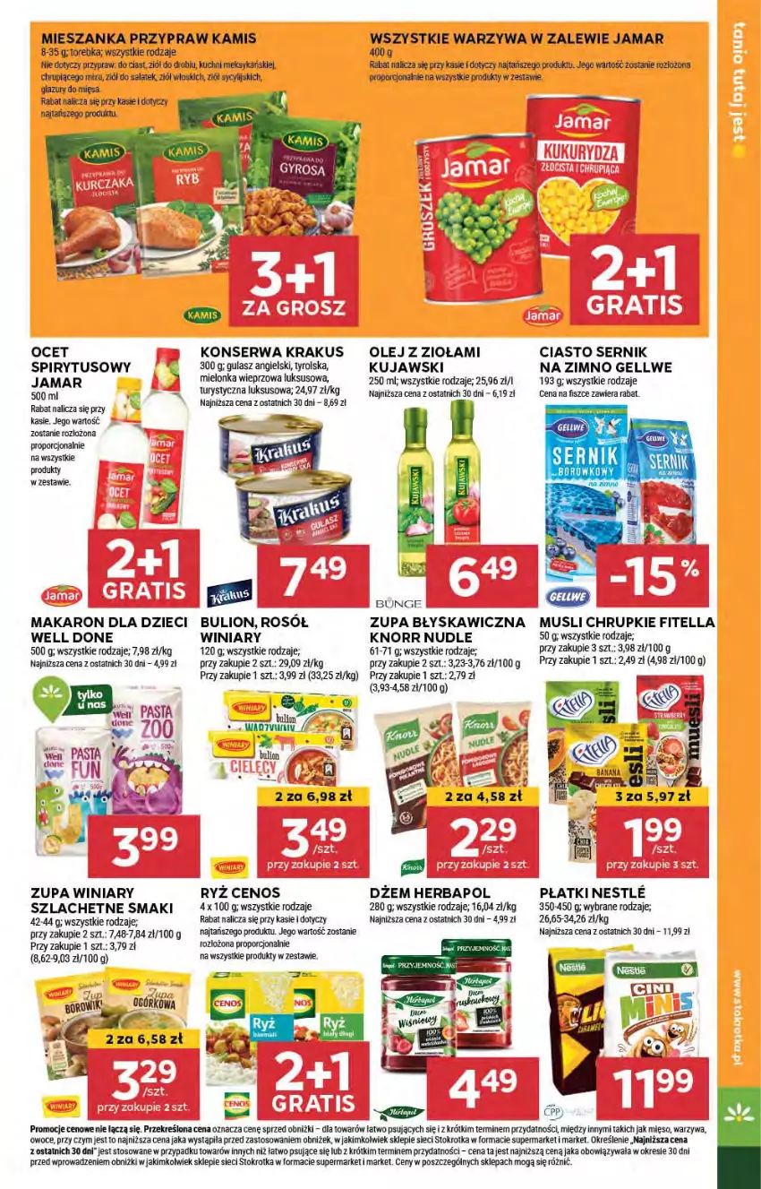 Gazetka promocyjna Stokrotka - Supermarket - ważna 01.08 do 07.08.2024 - strona 29 - produkty: Bulion, Cenos, Chrupki, Ciasto sernik, Dżem, Dzieci, Herbapol, Kamis, Knorr, Krakus, Kujawski, Lion, Makaron, Mięso, Mus, Ocet, Olej, Owoce, Por, Rosół, Ryż, Sałat, Ser, Torebka, Warzywa, Winiary, Zupa