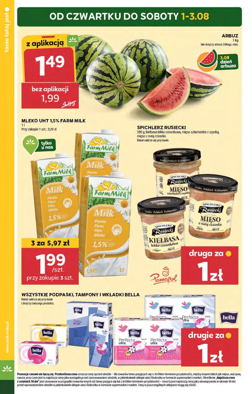 Gazetka promocyjna Stokrotka - Supermarket - ważna 01.08 do 07.08.2024 - strona 6 - produkty: Arbuz, Bell, Bella, Fa, Farm Milk, Kiełbasa, Mięso, Mleko, Owoce, Perfecta, Podpaski, Spichlerz Rusiecki, Tampony, Warzywa, Wkładki