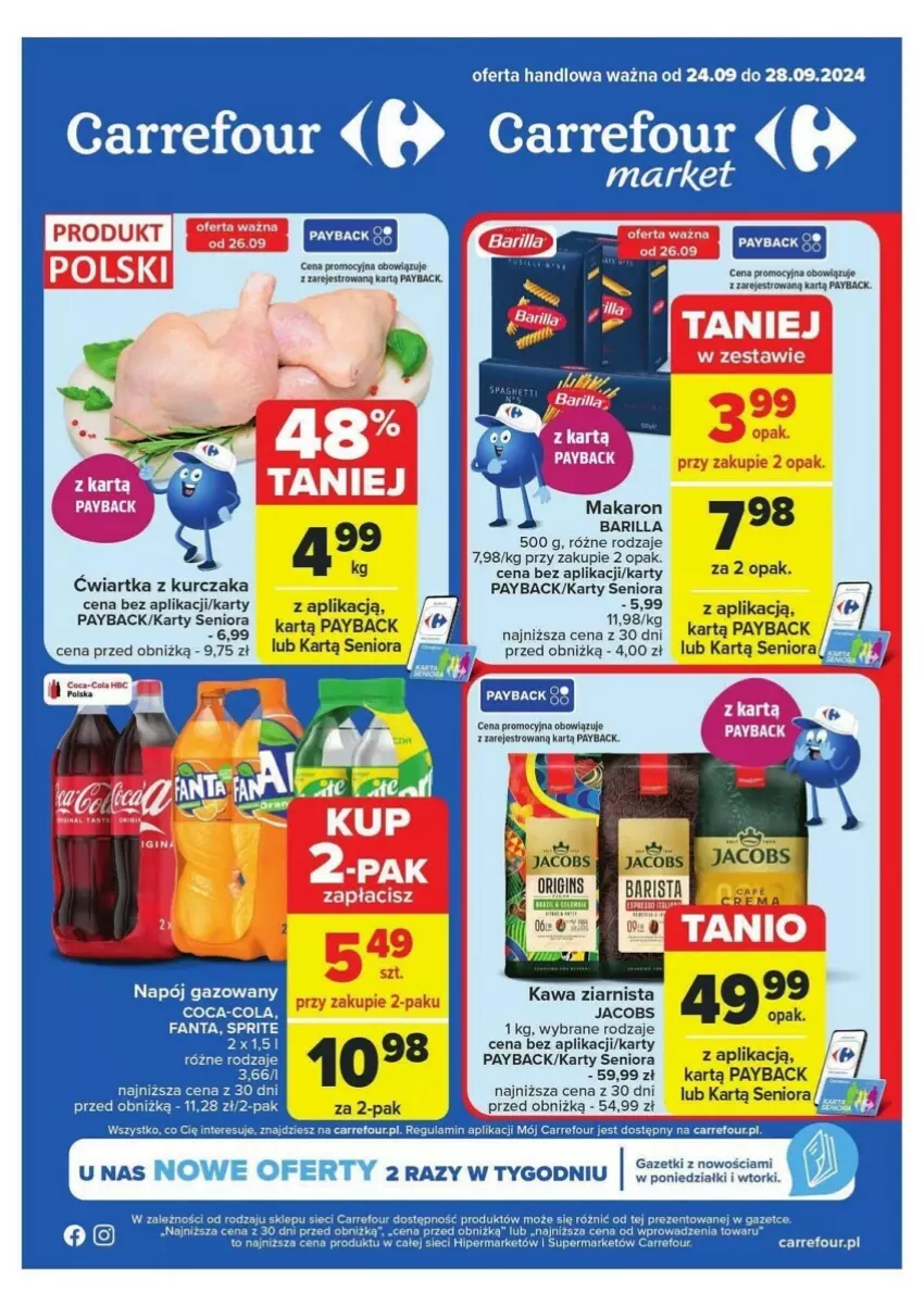 Gazetka promocyjna Carrefour - ważna 24.09 do 28.09.2024 - strona 1 - produkty: Barilla, Coca-Cola, Fa, Jacobs, Kawa, Kawa ziarnista, Kurczak, Makaron