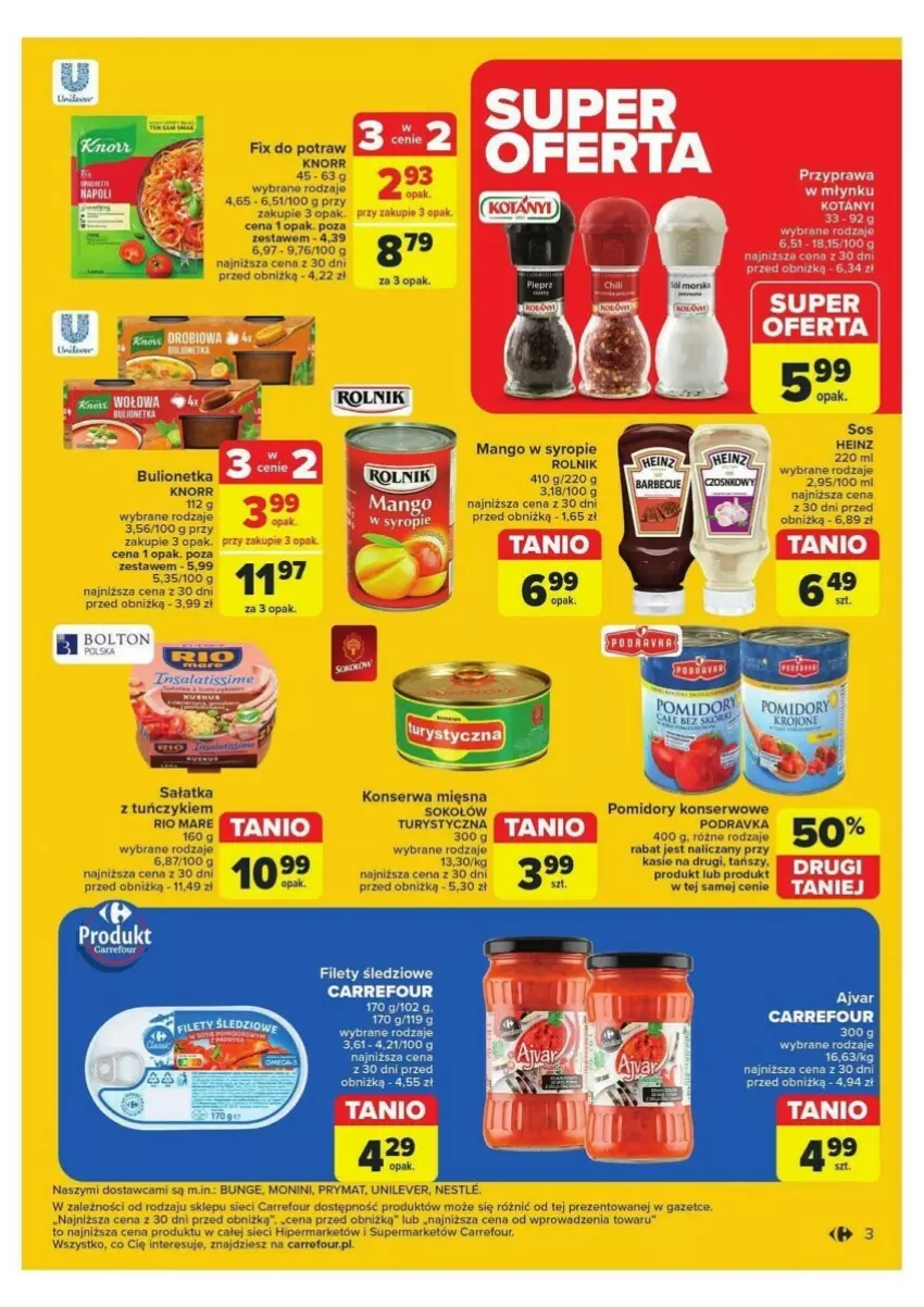 Gazetka promocyjna Carrefour - ważna 24.09 do 28.09.2024 - strona 23 - produkty: Bulion, Heinz, Knorr, Lion, Mango, Monini, Podravka, Pomidory, Prymat, Rolnik, Sałat, Sałatka, Ser, Sok, Sokołów, Syrop, Tuńczyk