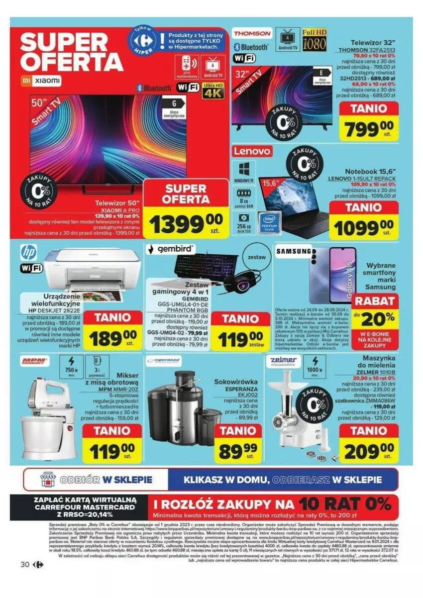 Gazetka promocyjna Carrefour - ważna 24.09 do 28.09.2024 - strona 24 - produkty: Fa, Gra, HP, Kosz, Lenovo, Maszynka, Mikser, Notebook, Olej, Por, Samsung, Ser, Sok, Szatkownica, Szynka, Telewizor, Thomson, Top, Tran, Woda