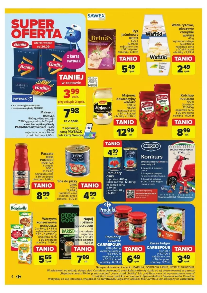 Gazetka promocyjna Carrefour - ważna 24.09 do 28.09.2024 - strona 31 - produkty: Barilla, Bazyl, Bonduelle, Brit, Bulgur, Chrupki, Dawtona, Heinz, Kasza, Ketchup, LG, Majonez, Makaron, Napój, Napój roślinny, Piec, Pieczywo, Pomidory, Pudliszki, Ryż, Ser, Sok, Sokołów, Sos, Sos do pizzy, Wafle, Warzywa, Winiary