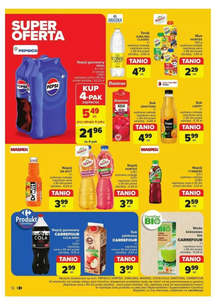 Gazetka promocyjna Carrefour - ważna 24.09 do 28.09.2024 - strona 4 - produkty: Cappy, Coca-Cola, Dawtona, Fa, Hortex, Mus, Napój, Napój gazowany, Pepsi, Sok, Sok jabłkowy, Tonik, Tymbark, Woda