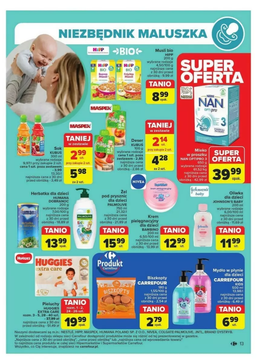 Gazetka promocyjna Carrefour - ważna 24.09 do 28.09.2024 - strona 5 - produkty: BIC, Biszkopty, Colgate, Deser, Dzieci, HiPP, Huggies, Humana, Kubuś, LG, Mleko, Mleko w proszku, Mus, Nivea, Oliwka dla dzieci, Pieluchy, Ser, Sok