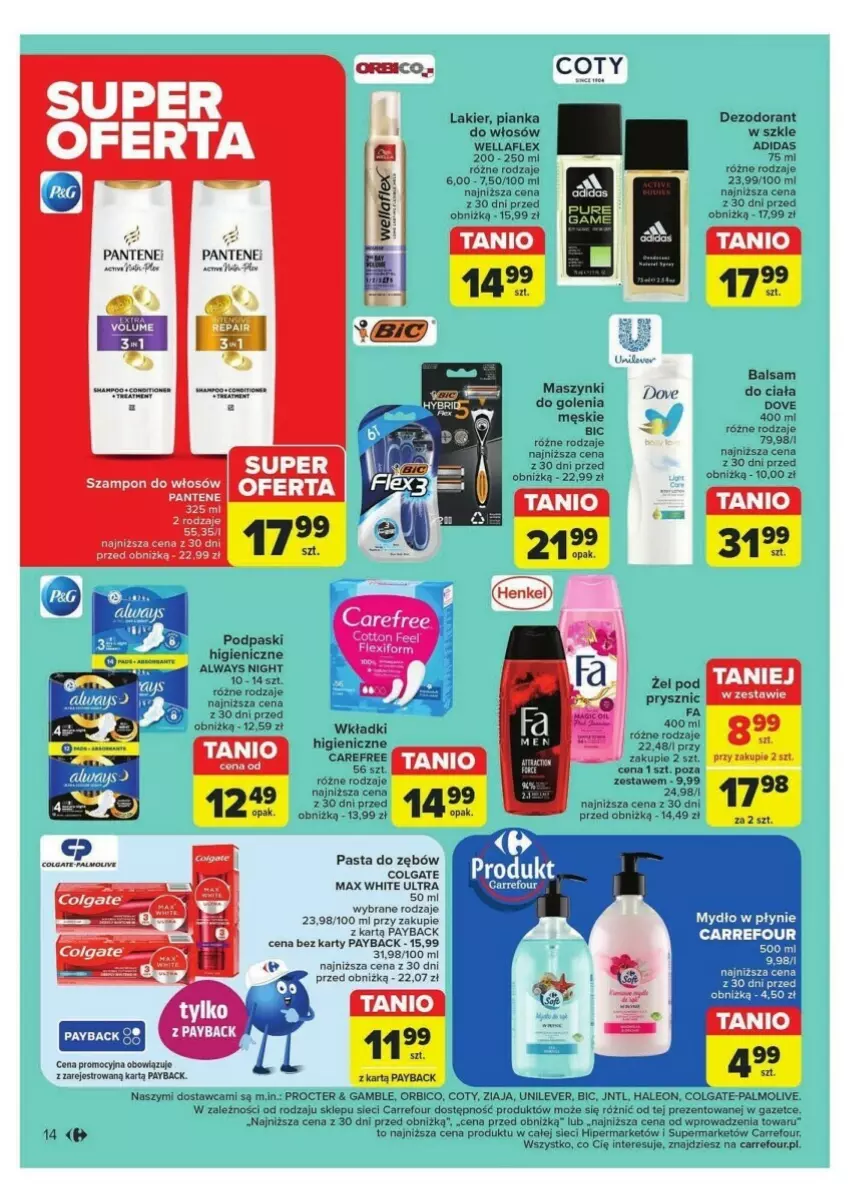 Gazetka promocyjna Carrefour - ważna 24.09 do 28.09.2024 - strona 6 - produkty: Adidas, Always, BIC, Carefree, Colgate, Dezodorant, Dove, Fa, Lakier, Leon, LG, Palmolive, Pantene, Pasta do zębów, Podpaski, Szampon, Wella, Wellaflex, Wkładki, Ziaja