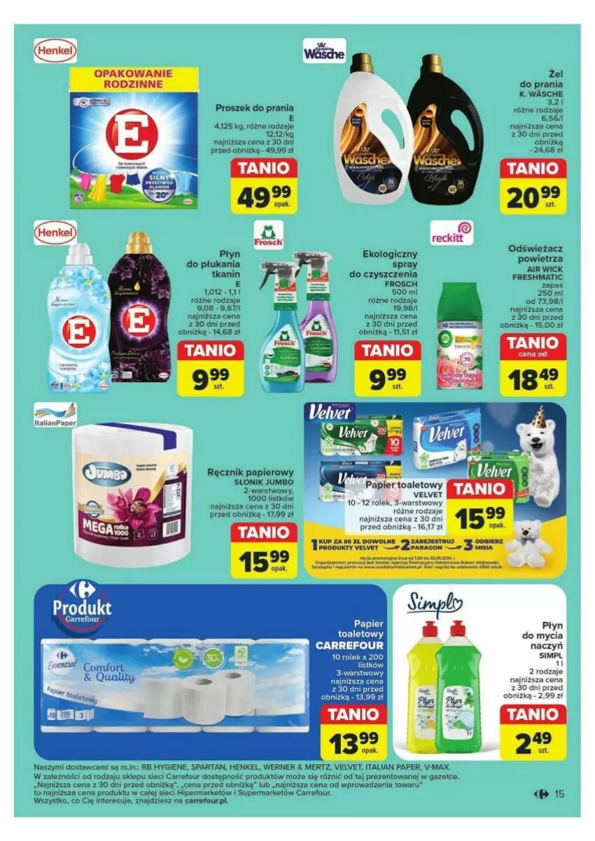 Gazetka promocyjna Carrefour - ważna 24.09 do 28.09.2024 - strona 7 - produkty: Air Wick, Fa, Frosch, Papier, Papier toaletowy, Proszek do prania, Ręcznik, Velvet