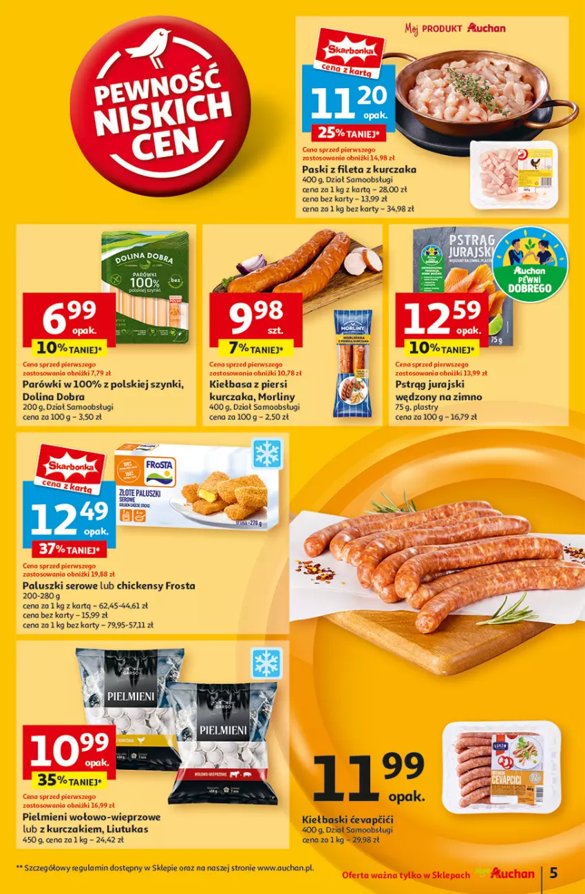 Gazetka promocyjna Auchan - Pewność Niskich Cen Moje - ważna 27.02 do 05.03.2025 - strona 7 - produkty: Frosta, Kiełbasa, Kiełbasa z piersi kurczaka, Kurczak, Morliny, Parówki, Pstrąg, Ser