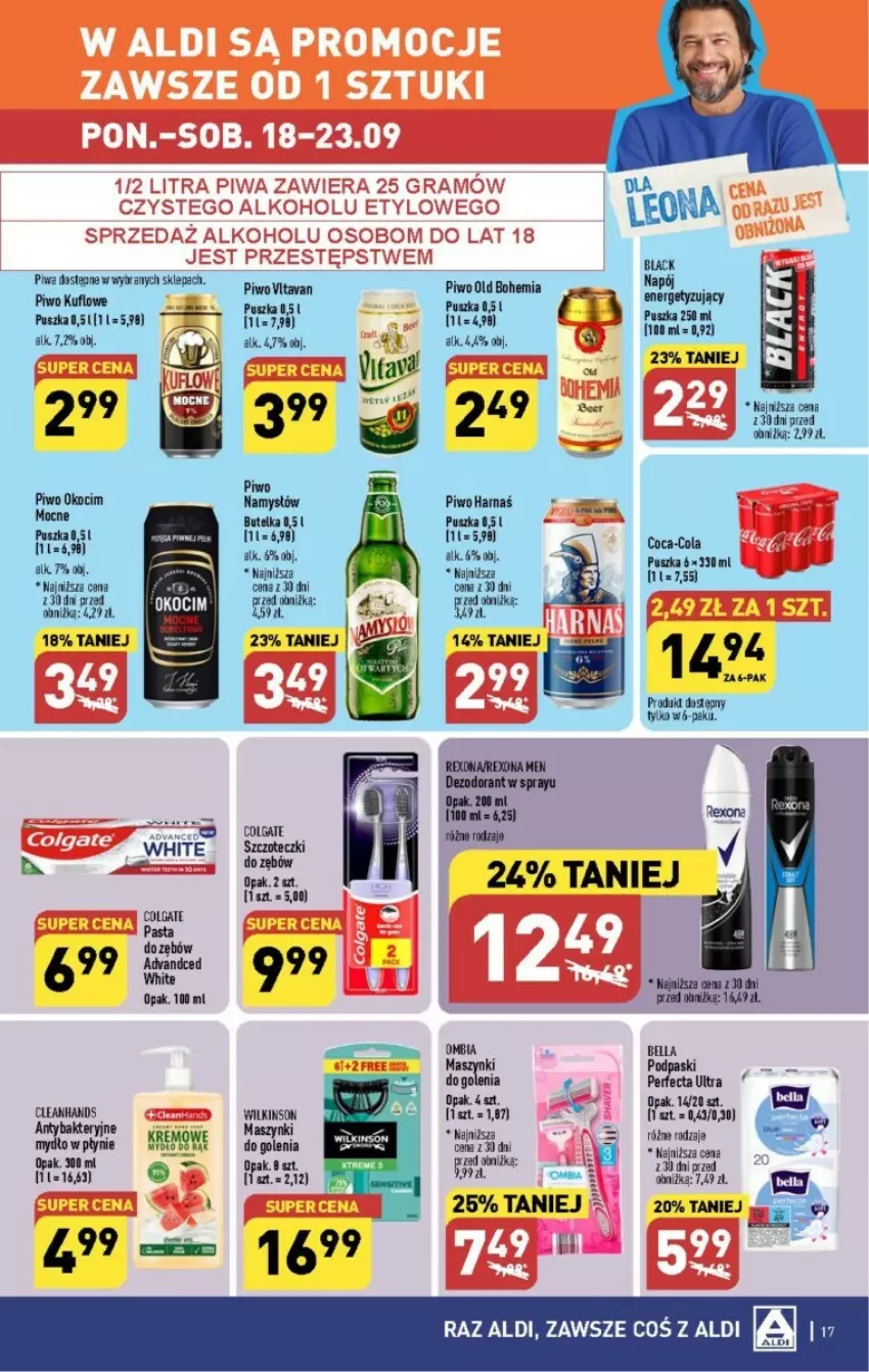 Gazetka promocyjna Aldi - ważna 18.09 do 23.09.2023 - strona 9 - produkty: Coca-Cola, Colgate, Dezodorant, Harnaś, Koc, Lack, Leon, LG, Napój, Okocim, Pasta do zębów, Piwa, Piwo, Rexona