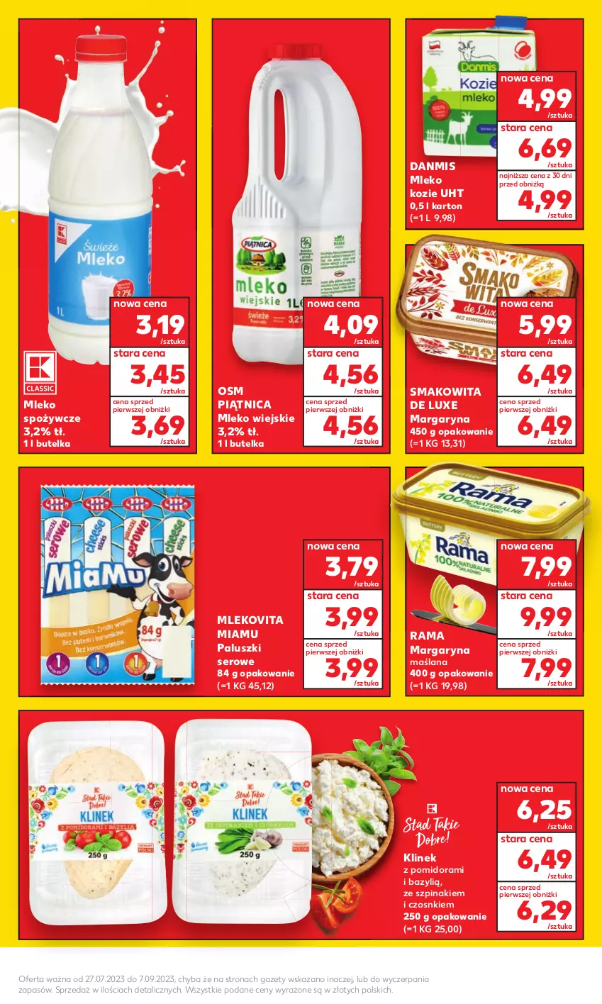 Gazetka promocyjna Kaufland - Kaufland - ważna 11.08 do 07.09.2023 - strona 3 - produkty: Bazyl, LANA, Margaryna, Mleko, Mleko kozie, Mlekovita, Piątnica, Rama, Ser, Smakowita, Szpinak