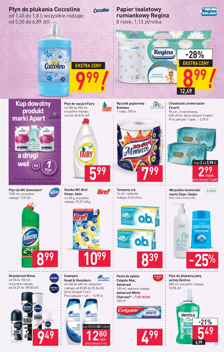 Gazetka promocyjna Stokrotka - Market - ważna 13.05 do 19.05.2021 - strona 11 - produkty: Bref, Chusteczki, Coccolino, Colgate, Dezodorant, Domestos, Fa, Fairy, Gin, LG, Nivea, O.B., Papier, Papier toaletowy, Pasta do zębów, Płyn do płukania, Płyn do płukania jamy ustnej, Płyn do wc, Ręcznik, Rum, Szampon, Tampony, Ziaja, Ziajka