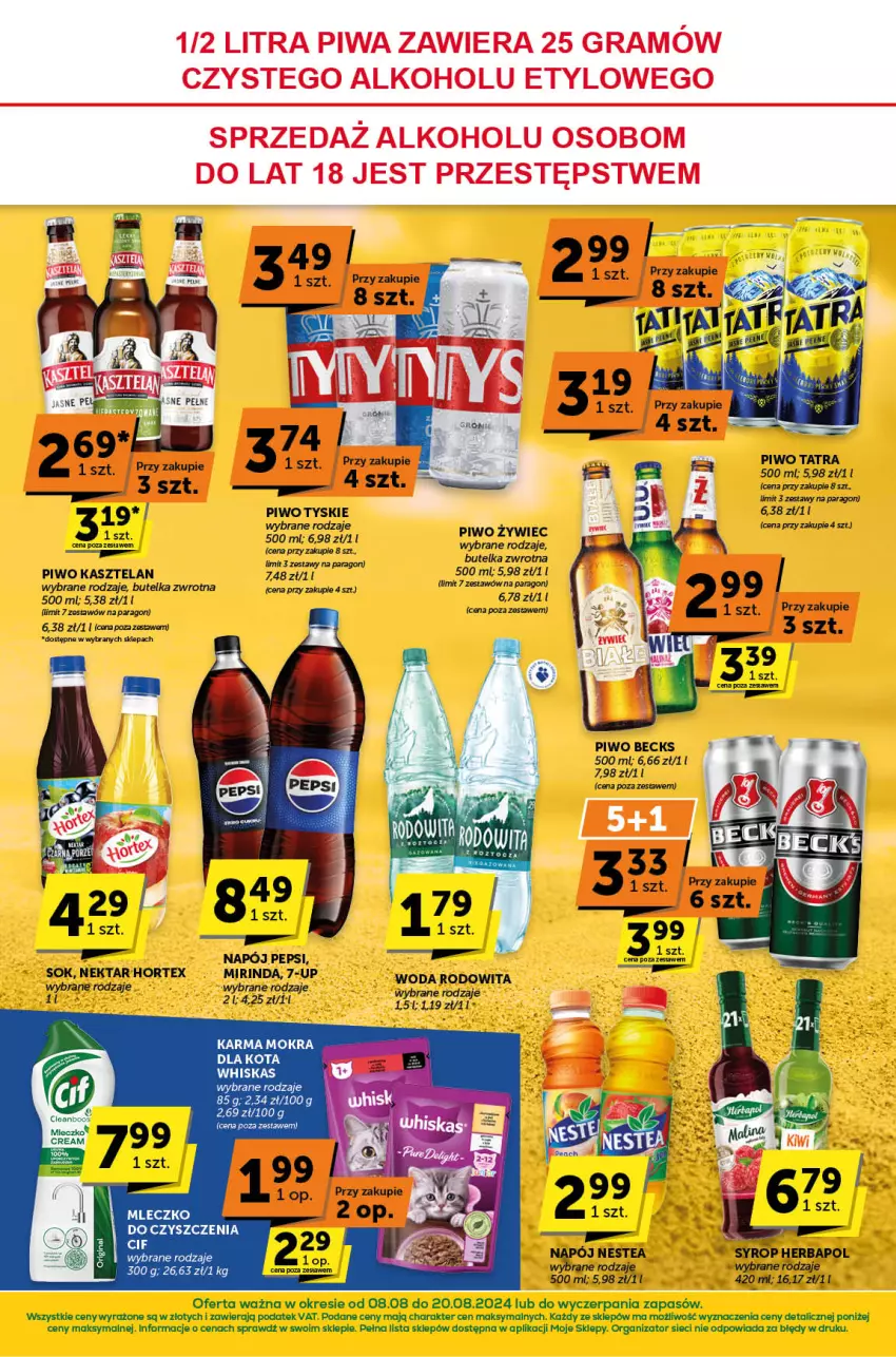 Gazetka promocyjna ABC - ważna 08.08 do 20.08.2024 - strona 4 - produkty: Kasztelan, Miecz, Mleczko, Napój, Nestea, Pepsi, Piwo, Syrop, Tatra, Tyskie, Whiskas