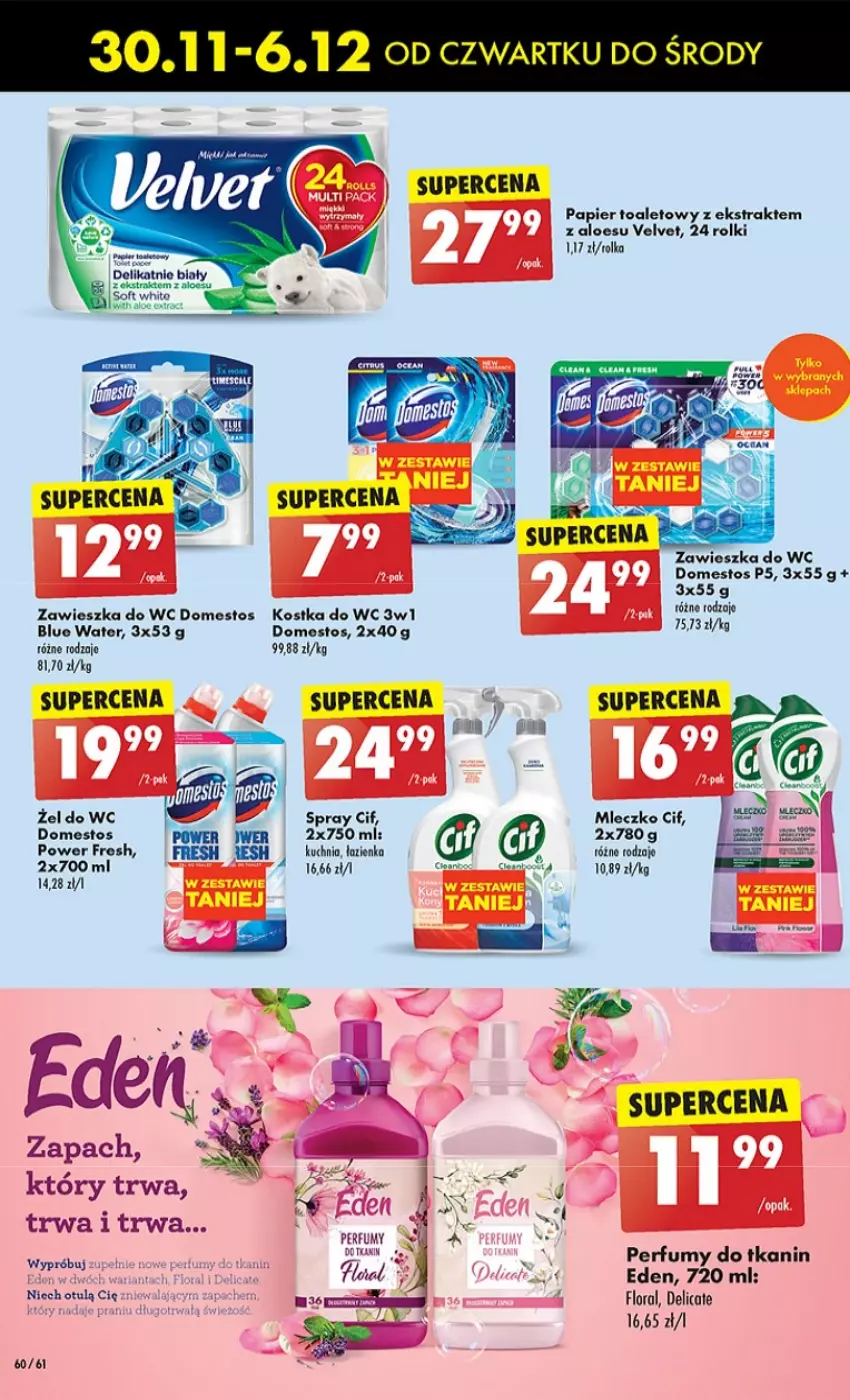 Gazetka promocyjna Biedronka - Okazje Tygodnia Mikołaj - ważna 30.11 do 06.12.2023 - strona 60 - produkty: Cif, Domestos, Flora, Koc, Kostka do wc, Kuchnia, Mleczko, Papier, Papier toaletowy, Perfum, Rolki, Velvet, Zawieszka do wc