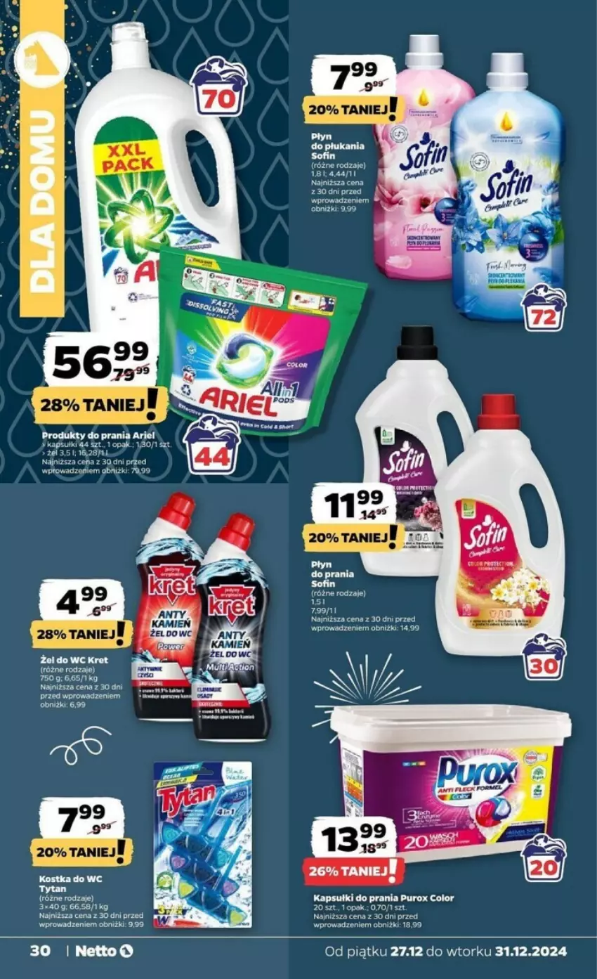 Gazetka promocyjna Netto - ważna 27.12 do 31.12.2024 - strona 24 - produkty: Ariel, Fa, Kapsułki do prania, Kostka do wc, Pur, Tytan