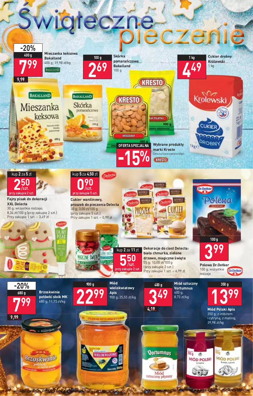 Gazetka promocyjna Stokrotka - Supermarket - ważna 09.12 do 15.12.2021 - strona 14 - produkty: Bakalland, Brzoskwinie, Cukier, Cukier wanilinowy, Delecta, Fa, Imbir, Królewski, Miód, Piec, Proszek do pieczenia