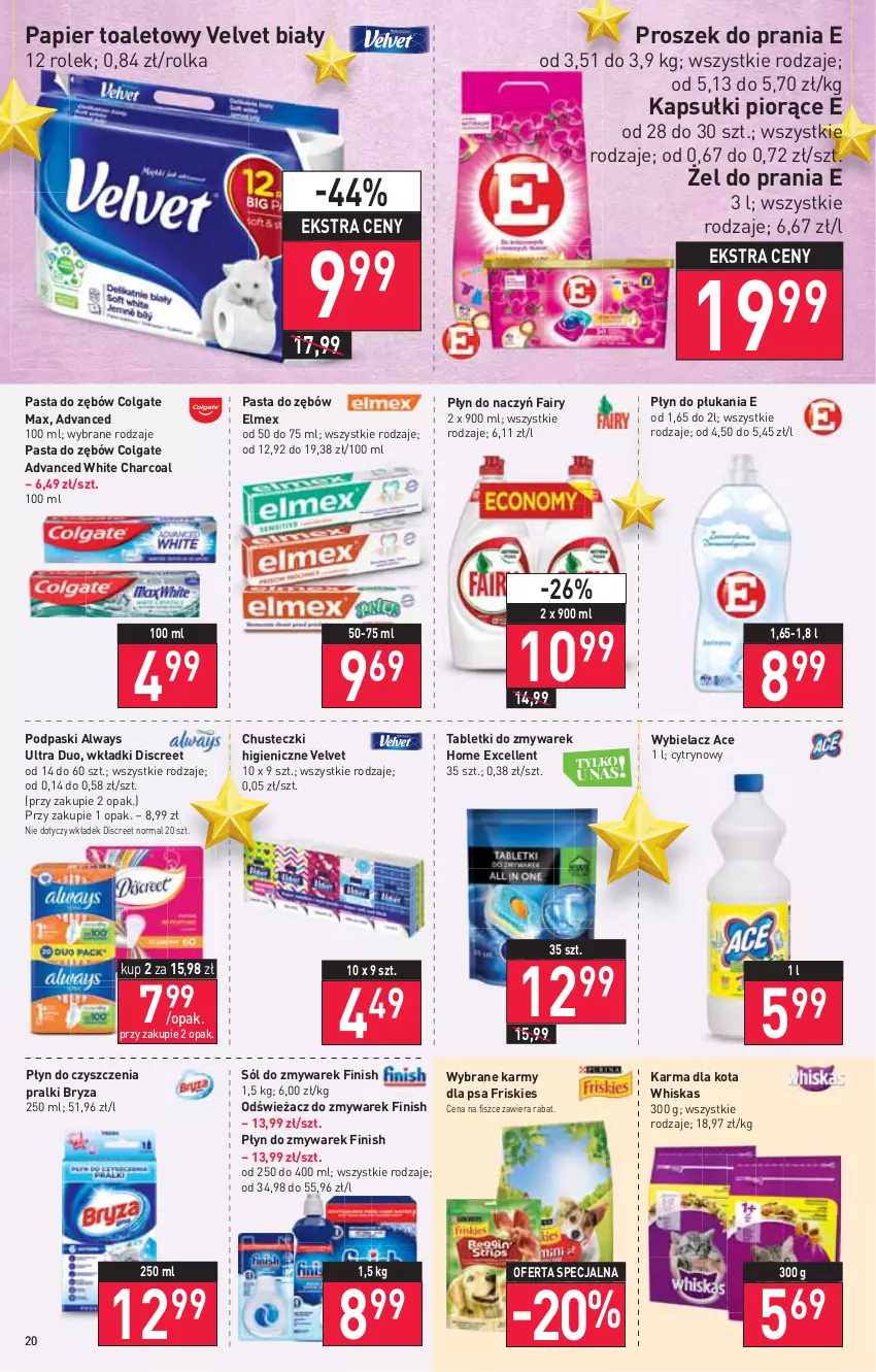 Gazetka promocyjna Stokrotka - Supermarket - ważna 09.12 do 15.12.2021 - strona 20 - produkty: Always, Always Ultra, Bryza, Chusteczki, Colgate, Discreet, Elmex, Fa, Fairy, Finish, Friskies, LG, Papier, Papier toaletowy, Pasta do zębów, Płyn do płukania, Podpaski, Pralki, Proszek do prania, Sól, Tablet, Velvet, Whiskas, Wkładki