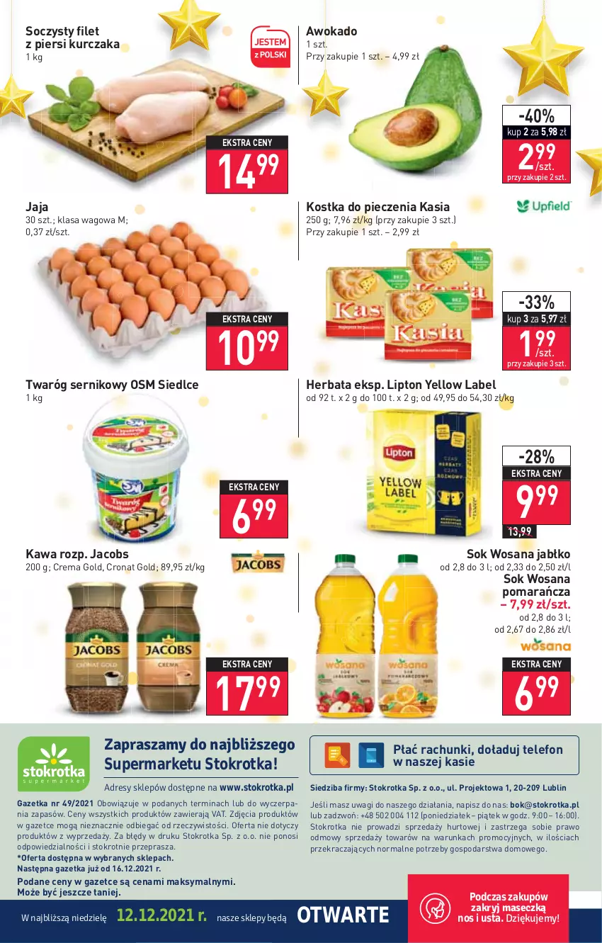 Gazetka promocyjna Stokrotka - Supermarket - ważna 09.12 do 15.12.2021 - strona 24 - produkty: Filet z piersi kurczaka, Herbata, Jacobs, Jaja, Kasia, Kawa, Kostka do pieczenia, Kurczak, Lipton, O nas, Piec, Ser, Sok, Telefon, Twaróg, Wagi, Wosana