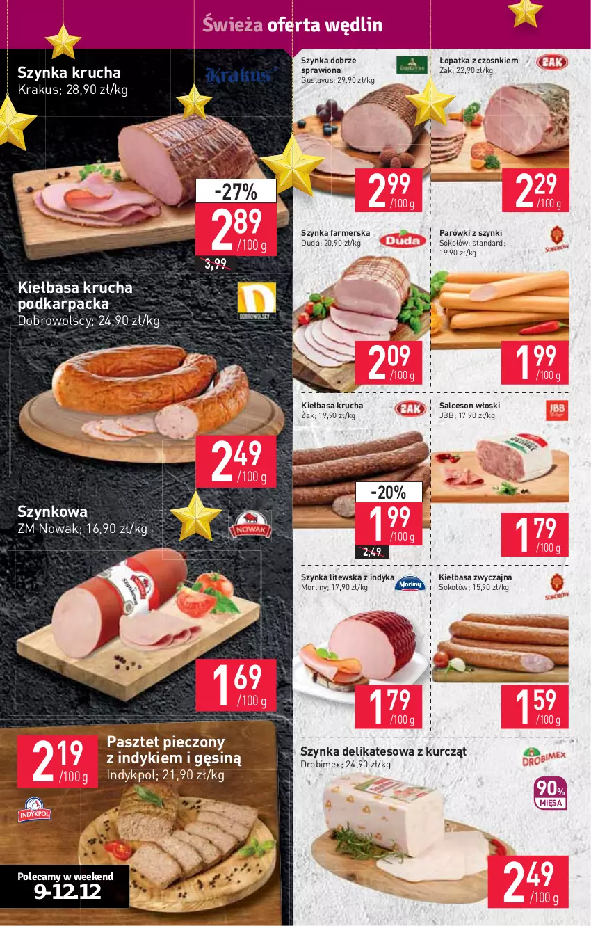 Gazetka promocyjna Stokrotka - Supermarket - ważna 09.12 do 15.12.2021 - strona 4 - produkty: Drobimex, Duda, Fa, HP, Karp, Kiełbasa, Kiełbasa krucha, Krakus, Morliny, NOWAK, Parówki, Parówki z szynki, Pasztet, Piec, Salceson, Sok, Sokołów, Szynka, Szynka delikatesowa, Szynka farmerska