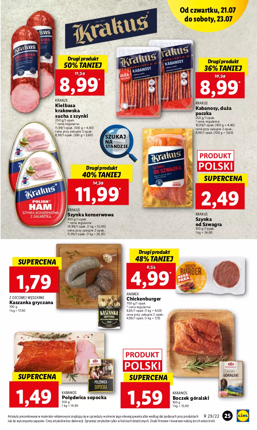 Gazetka promocyjna Lidl - GAZETKA - ważna 21.07 do 23.07.2022 - strona 25 - produkty: Boczek, Burger, Gra, Gry, Kabanos, Kasza, Kaszanka, Kiełbasa, Kiełbasa krakowska, Krakus, Polędwica, Ser, Szynka, Szynka konserwowa