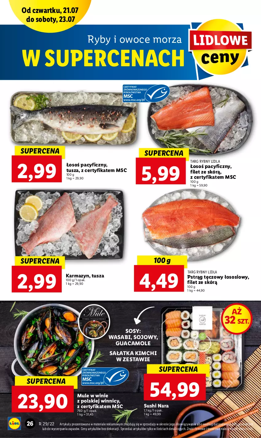 Gazetka promocyjna Lidl - GAZETKA - ważna 21.07 do 23.07.2022 - strona 26 - produkty: Amol, Mule, Owoce, Owoce morza, Pstrąg, Pstrąg tęczowy, Ryby i owoce morza, Sałat, Sałatka, Sos, Sushi, Tusz, Wasa