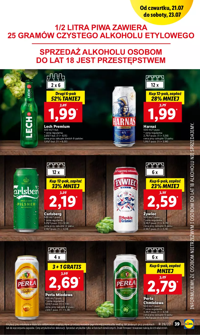 Gazetka promocyjna Lidl - GAZETKA - ważna 21.07 do 23.07.2022 - strona 39 - produkty: Carlsberg, Gra, Harnaś, Lech Premium, Perła, Piwa