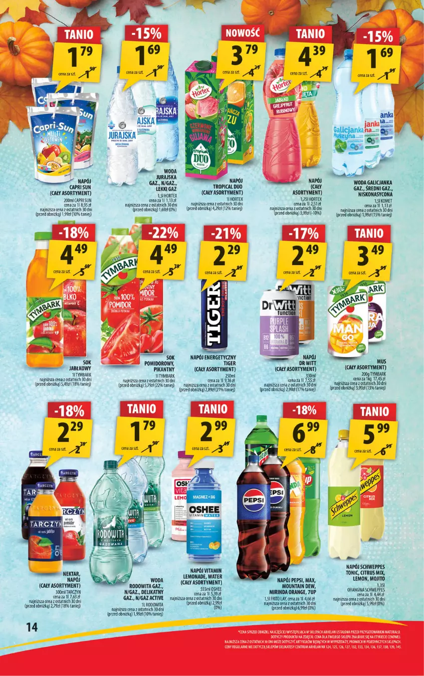 Gazetka promocyjna Arhelan - Gazetka - ważna 28.10 do 10.11.2024 - strona 14 - produkty: 7up, AEG, Dada, Fa, Gin, Hortex, Mirinda, Mus, Napój, Napój energetyczny, Oshee, Tera, Tiger, Tymbark, Woda