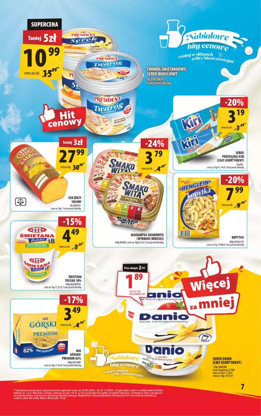 Gazetka promocyjna Arhelan - Gazetka - ważna 28.10 do 10.11.2024 - strona 7 - produkty: Danone, Kopytka, Margaryna, Mleko, Salami, Ser, Smakowita