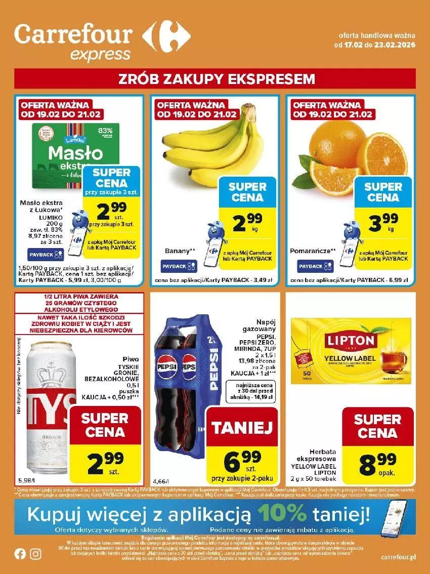 Gazetka promocyjna Carrefour - Gazetka Express - ważna 17.02 do 23.02.2026 - strona 1 - produkty: Banany, Fa, Gra, Herbata, Lipton, Masło, Pepsi, Piec, Piwa, Pomarańcze, Tyskie