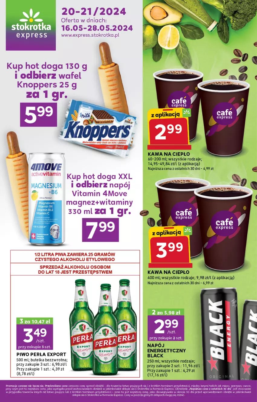 Gazetka promocyjna Stokrotka - Stokrotka Express - ważna 16.05 do 28.05.2024 - strona 1 - produkty: Gra, Hot dog, Kawa, Knoppers, Lack, LG, Magnez, Mięso, Napój, Napój energetyczny, Owoce, Perła, Piwa, Piwo, Por, Warzywa