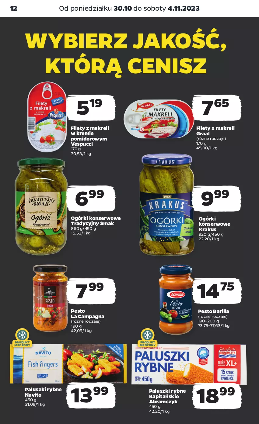 Gazetka promocyjna Netto - Artykuły spożywcze - ważna 30.10 do 04.11.2023 - strona 12 - produkty: Barilla, Gra, Graal, Krakus, Ogórki konserwowe, Paluszki rybne, Pesto, Ser