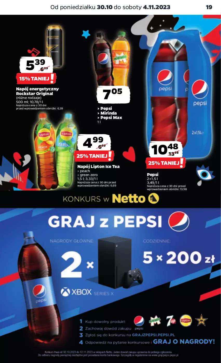 Gazetka promocyjna Netto - Artykuły spożywcze - ważna 30.10 do 04.11.2023 - strona 19 - produkty: Gin, Ice tea, Lipton, Mirinda, Napój, Napój energetyczny, Pepsi, Pepsi max
