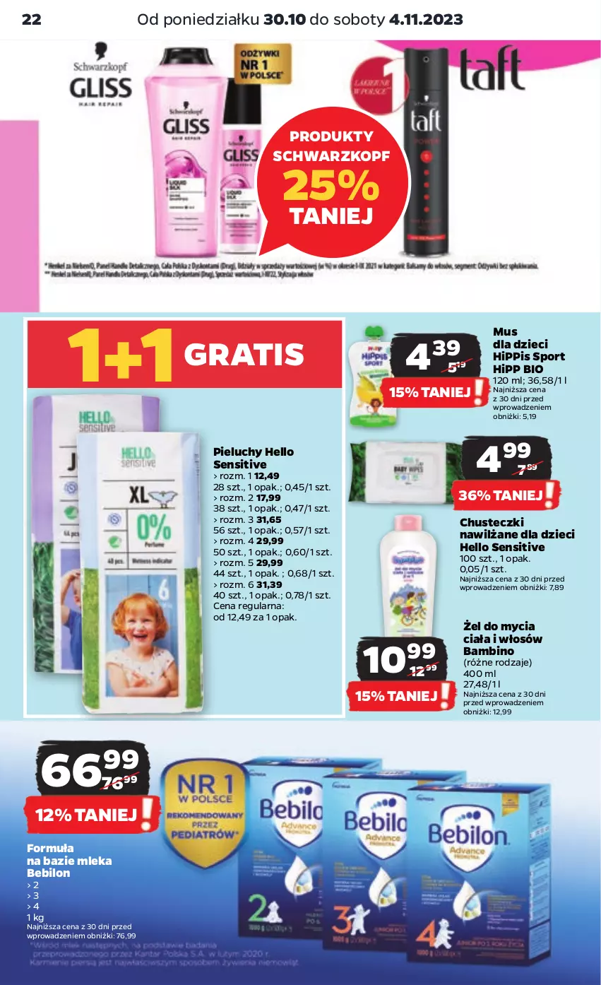 Gazetka promocyjna Netto - Artykuły spożywcze - ważna 30.10 do 04.11.2023 - strona 22 - produkty: BEBILON, Chusteczki, Dzieci, Gra, HiPP, Hipp Bio, Mus, Pieluchy, Por, Schwarzkopf, Sport