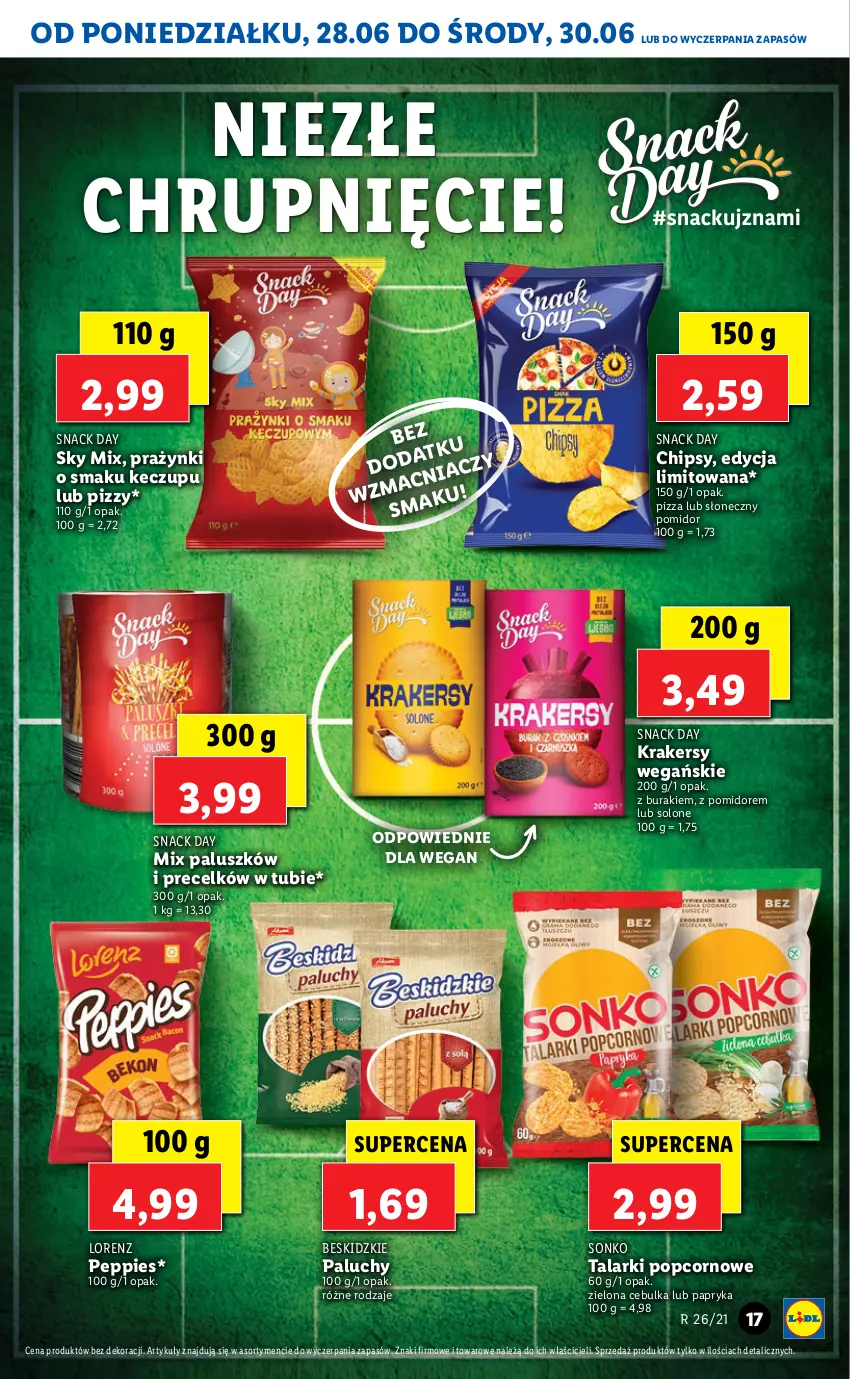 Gazetka promocyjna Lidl - GAZETKA - ważna 28.06 do 30.06.2021 - strona 17 - produkty: Beskidzki, Buraki, Chipsy, Krakersy, Lorenz, Papryka, Pizza, Popcorn, Sonko