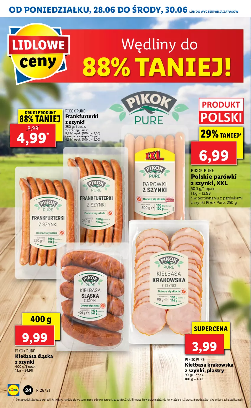 Gazetka promocyjna Lidl - GAZETKA - ważna 28.06 do 30.06.2021 - strona 24 - produkty: Frankfurterki, Kiełbasa, Kiełbasa krakowska, Kiełbasa śląska, Parówki, Parówki z szynki, PIKOK, Por, Pur