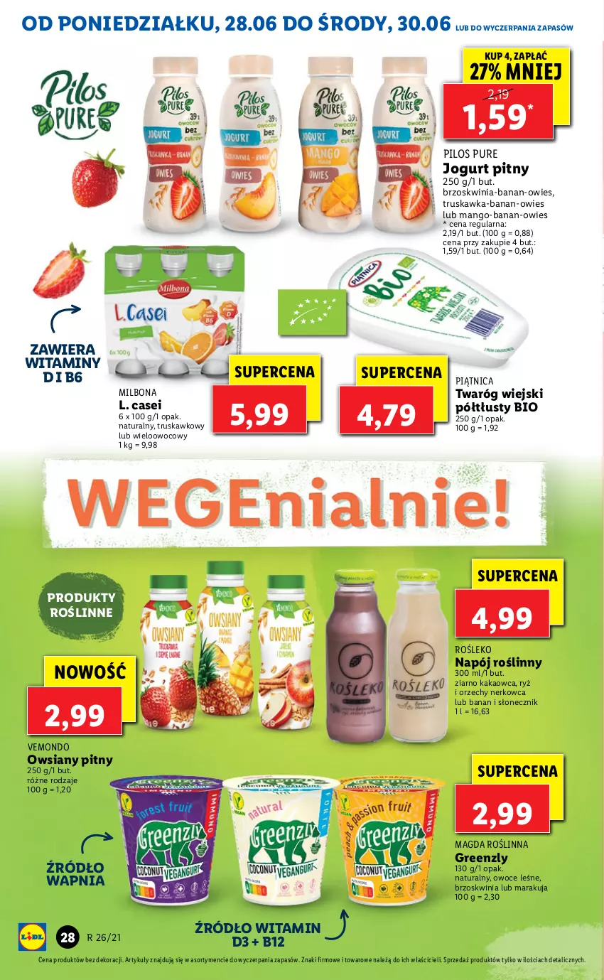 Gazetka promocyjna Lidl - GAZETKA - ważna 28.06 do 30.06.2021 - strona 28 - produkty: Jogurt, Jogurt pitny, Kakao, Mango, Napój, Napój roślinny, Owoce, Piątnica, Pilos, Pur, Ryż, Twaróg