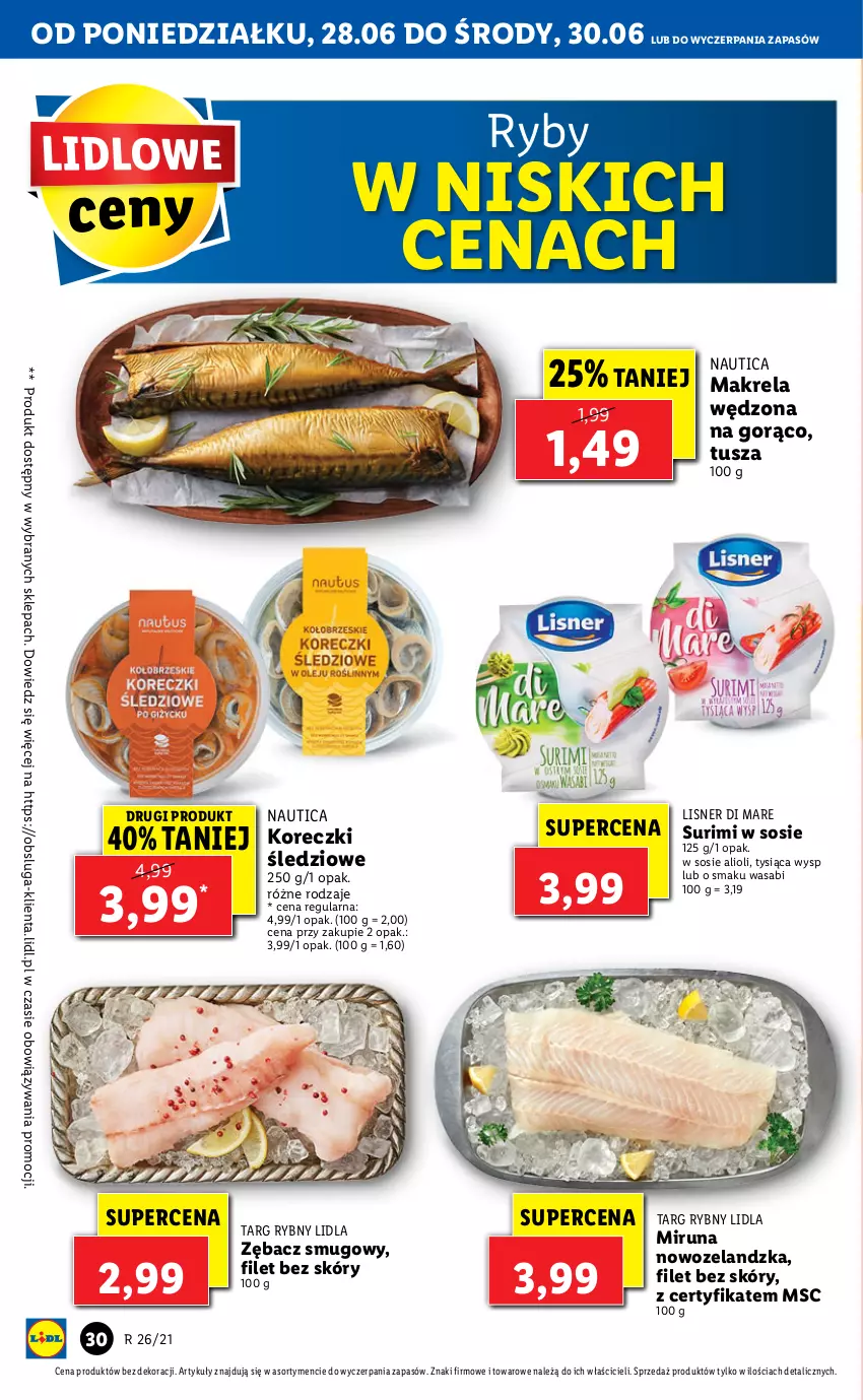 Gazetka promocyjna Lidl - GAZETKA - ważna 28.06 do 30.06.2021 - strona 30 - produkty: Koreczki śledziowe, Lisner, Miruna, Sos, Surimi, Tusz, Wasa