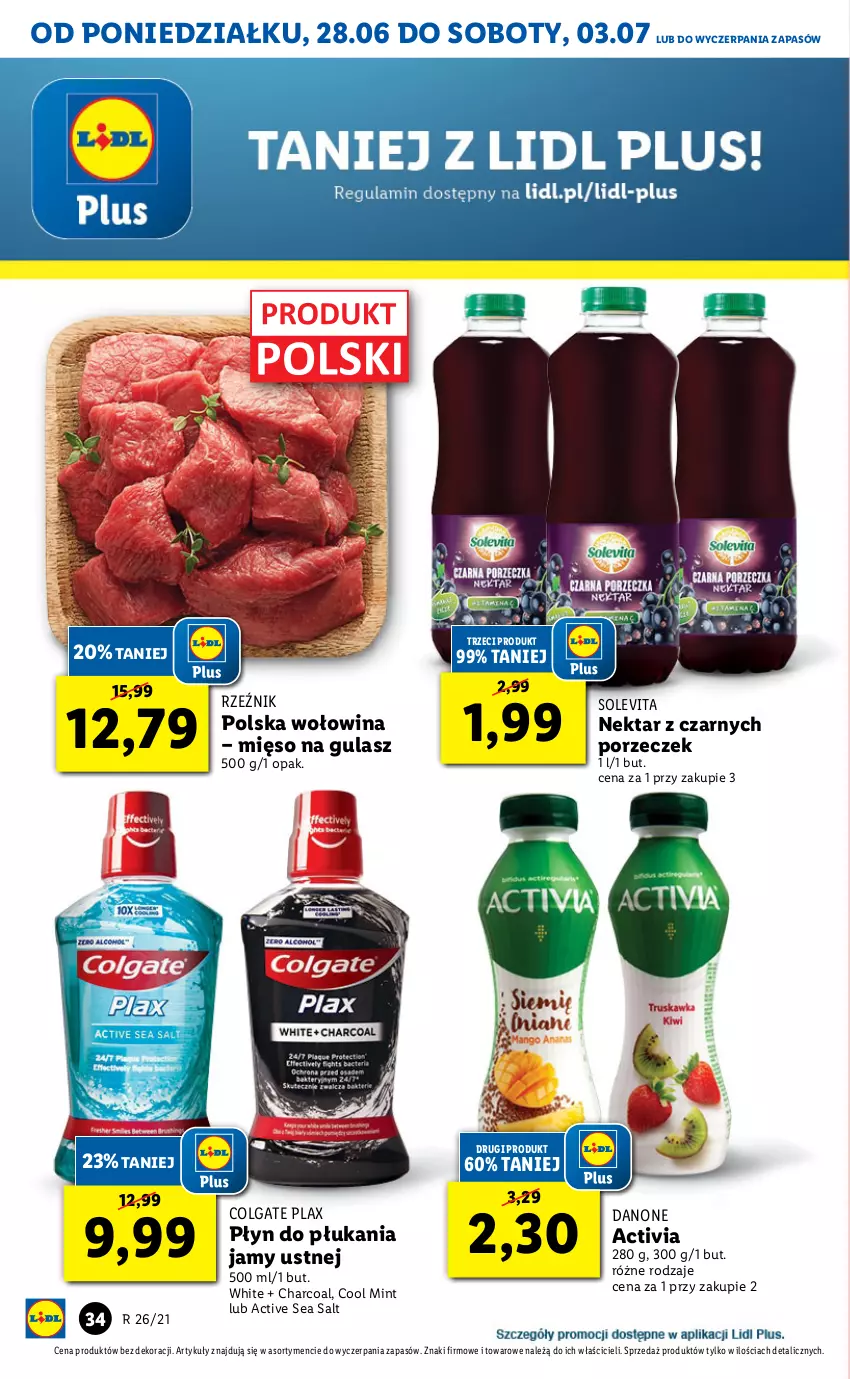 Gazetka promocyjna Lidl - GAZETKA - ważna 28.06 do 30.06.2021 - strona 34 - produkty: Activia, Colgate, Danone, LG, Mięso, Mięso na gulasz, Nektar, Płyn do płukania, Płyn do płukania jamy ustnej, Por, Wołowina