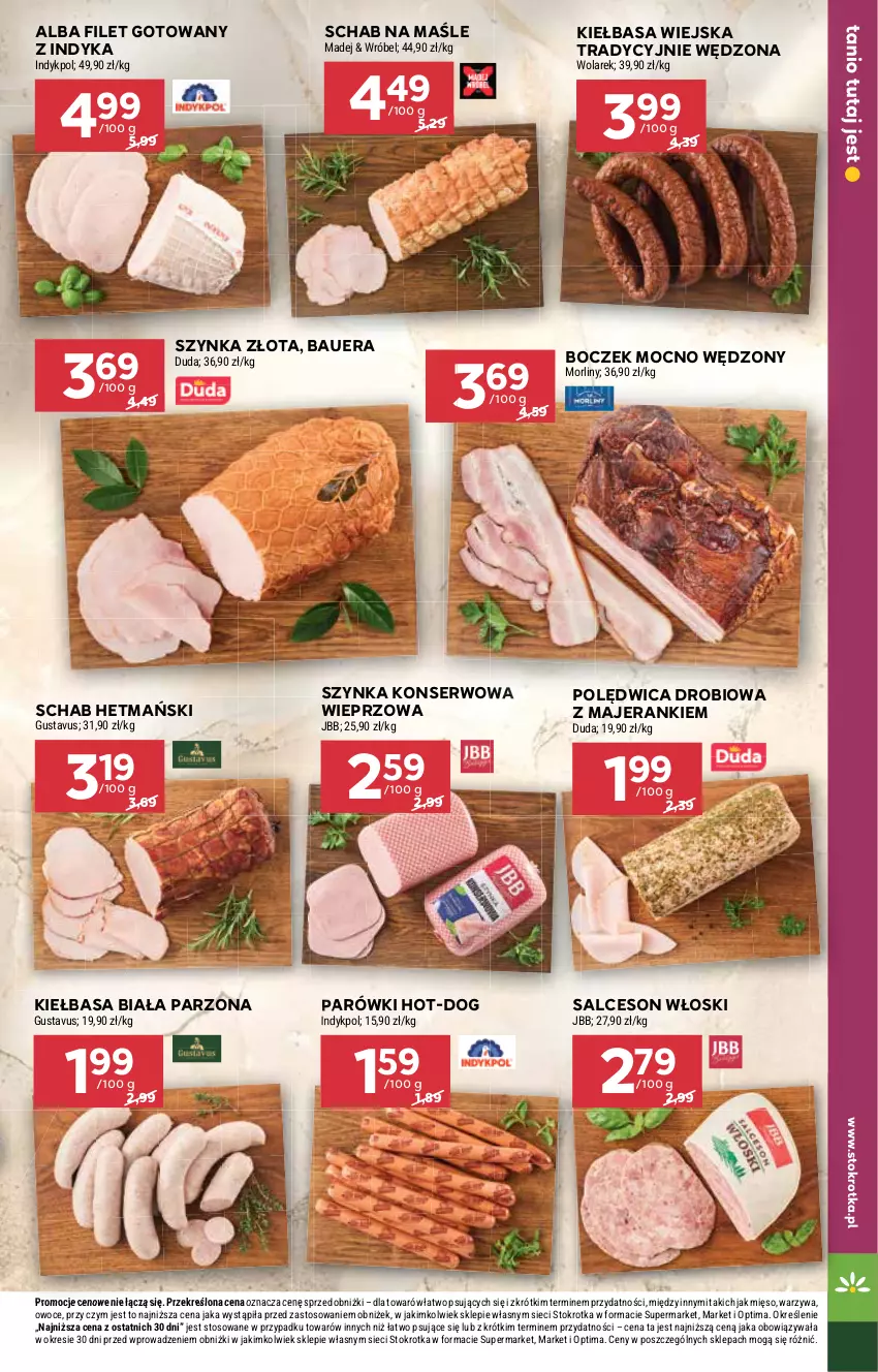 Gazetka promocyjna Stokrotka - Supermarket - ważna 13.08 do 19.08.2026 - strona 17 - produkty: Boczek, Duda, Kiełbasa, Kiełbasa biała, Kiełbasa wiejska, Mięso, Morliny, Optima, Owoce, Parówki, Polędwica, Salceson, Ser, Szynka, Szynka konserwowa, Warzywa