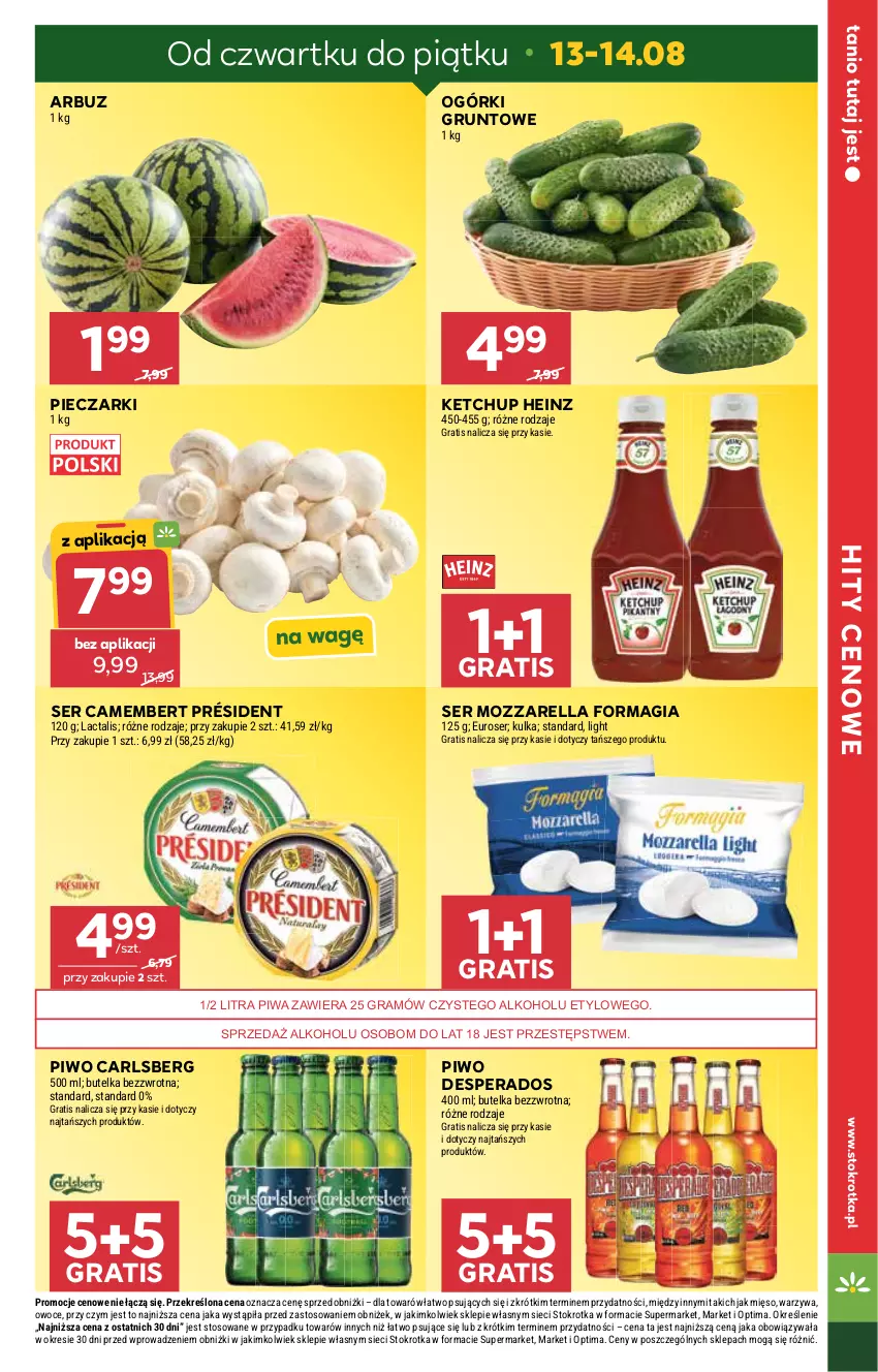 Gazetka promocyjna Stokrotka - Supermarket - ważna 13.08 do 19.08.2026 - strona 5 - produkty: Arbuz, Camembert, Carlsberg, Desperados, Gra, Grunt, Heinz, Ketchup, Mięso, Mozzarella, Optima, Owoce, Piec, Piwa, Piwo, Président, Ser, Warzywa