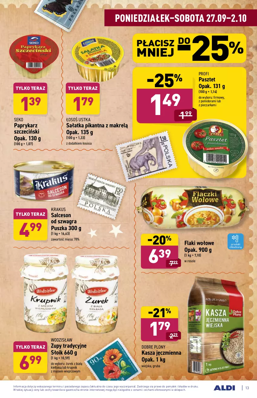 Gazetka promocyjna Aldi - ważna 27.09 do 02.10.2021 - strona 13 - produkty: Flaki, Flaki wołowe, Gra, Kasza, Kasza jęczmienna, Krakus, Krupnik, Makrelą, Papryka, Paprykarz, Paprykarz szczeciński, Pasztet, Piec, Pieczarka, Sałat, Sałatka, Salceson, SEKO, Sos, Tera