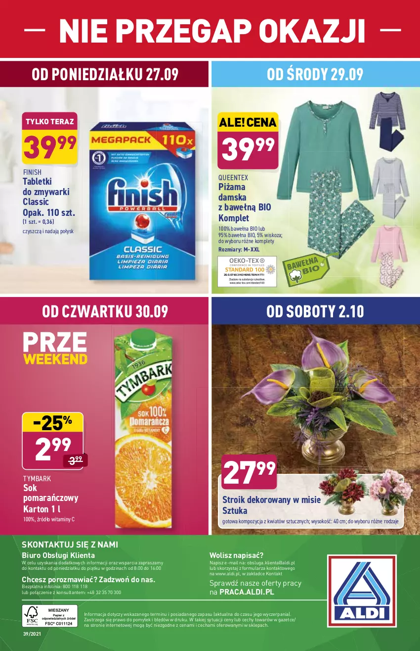 Gazetka promocyjna Aldi - ważna 27.09 do 02.10.2021 - strona 28 - produkty: Biuro, Finish, O nas, Piżama, Por, Queentex, Sok, Sok pomarańczowy, Tablet, Tabletki do zmywarki, Tera, Tymbark, Wełna, Zmywarki