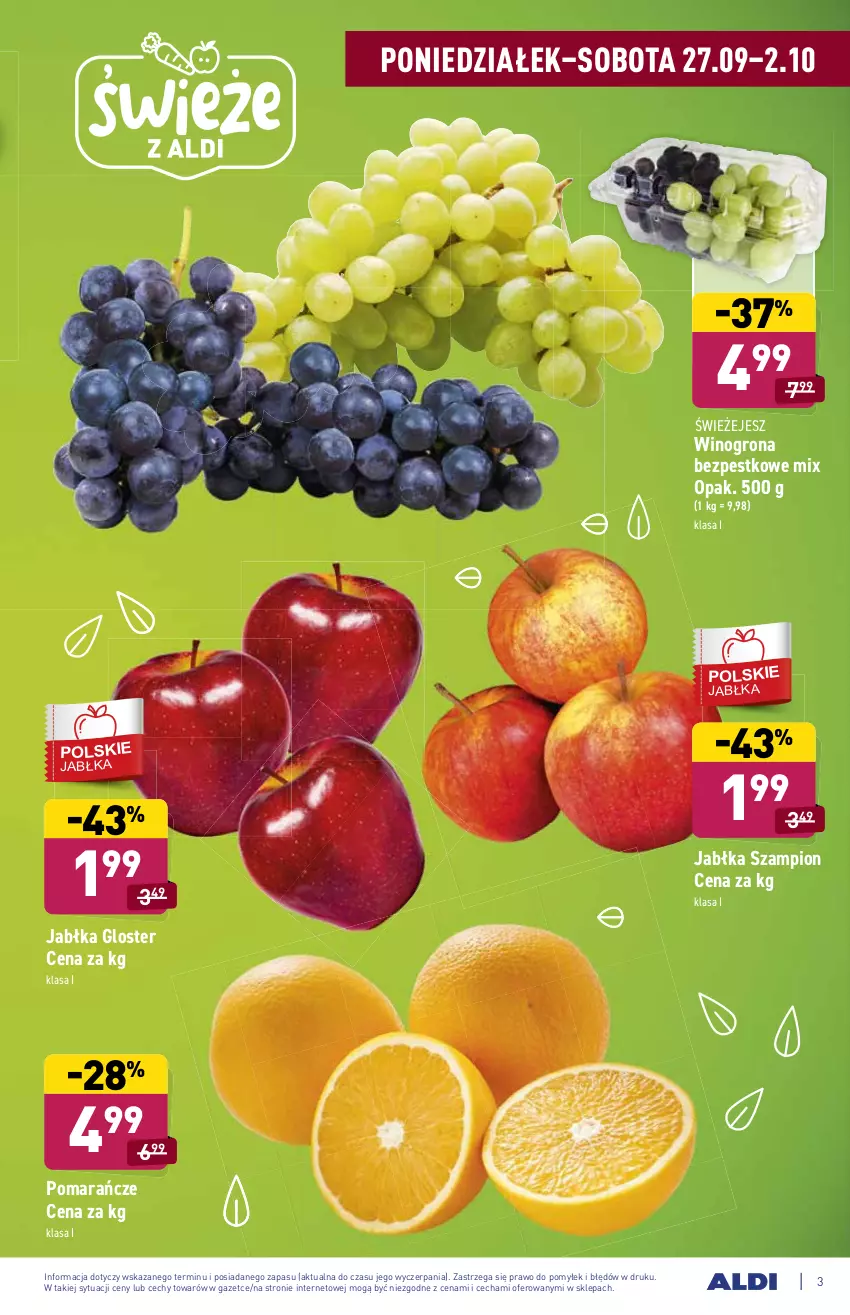 Gazetka promocyjna Aldi - ważna 27.09 do 02.10.2021 - strona 3 - produkty: Jabłka, Pomarańcze, Szampion, Wino, Winogrona, Winogrona bezpestkowe