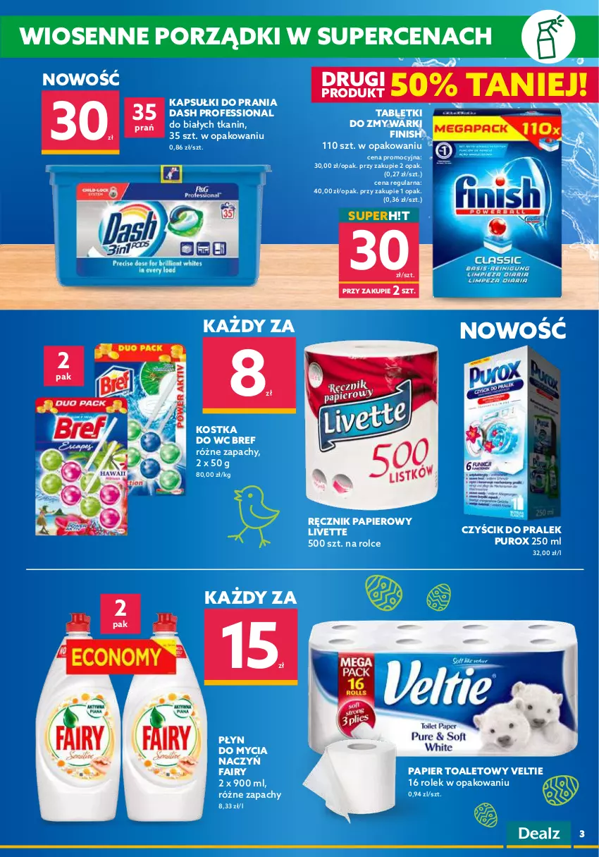 Gazetka promocyjna Dealz - NOWA GAZETKAO kurczę! Ale ceny! - ważna 06.04 do 19.04.2022 - strona 3 - produkty: Bref, Do mycia naczyń, Dozownik, Fa, Fairy, Finish, Kapsułki do prania, Kostka do wc, Luksja, Mydło, Mydło w płynie, Nivea, Nivea Men, Odżywka, Papier, Papier toaletowy, Płyn do mycia, Płyn do mycia naczyń, Por, Pur, Ręcznik, Suchy szampon, Szampon, Tablet, Tabletki do zmywarki, Zmywarki