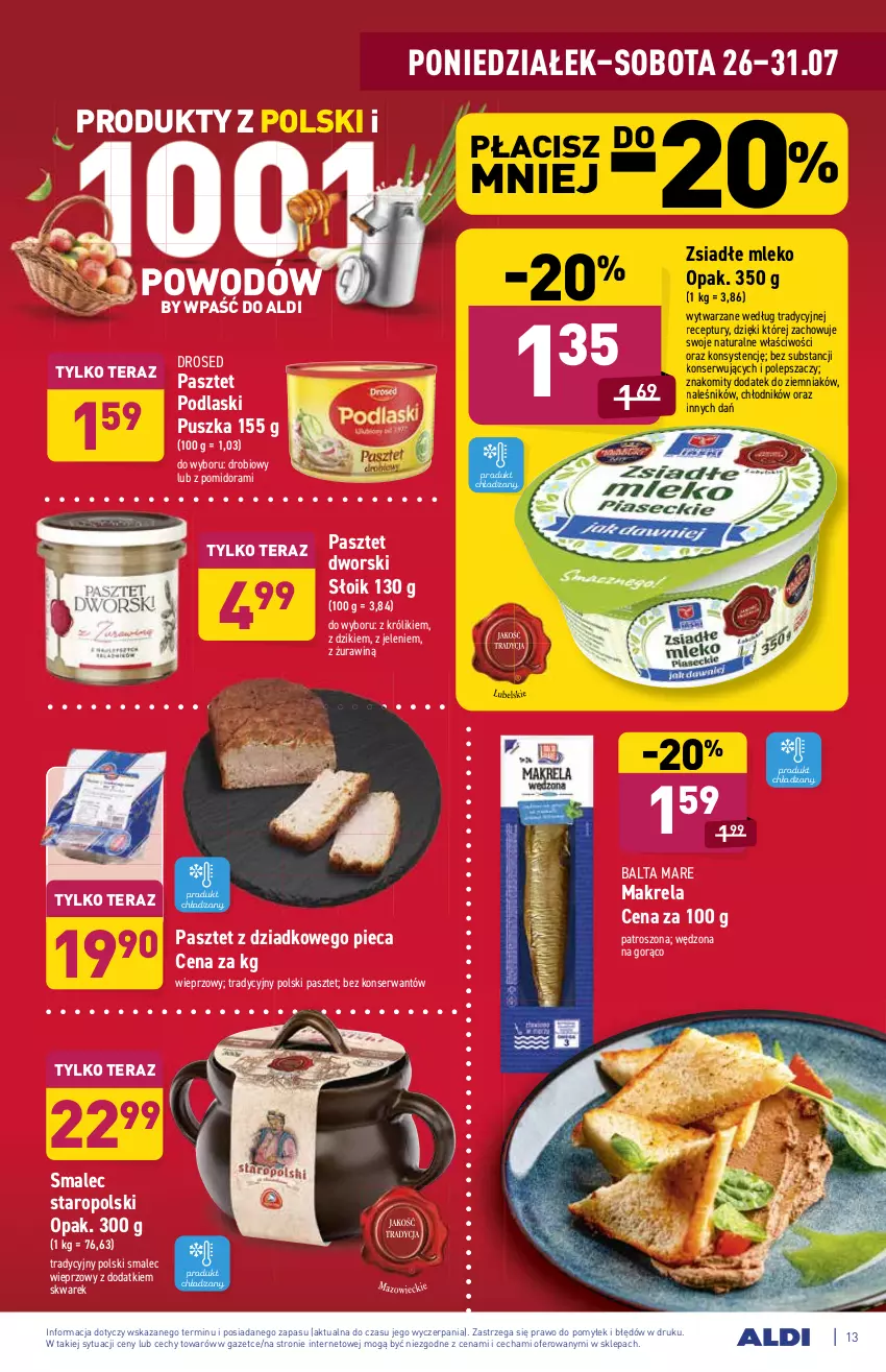 Gazetka promocyjna Aldi - ważna 26.07 do 31.07.2021 - strona 13 - produkty: Balta Mare, Królik, Mleko, Pasztet, Piec, Podlaski, Ser, Smalec, Tera