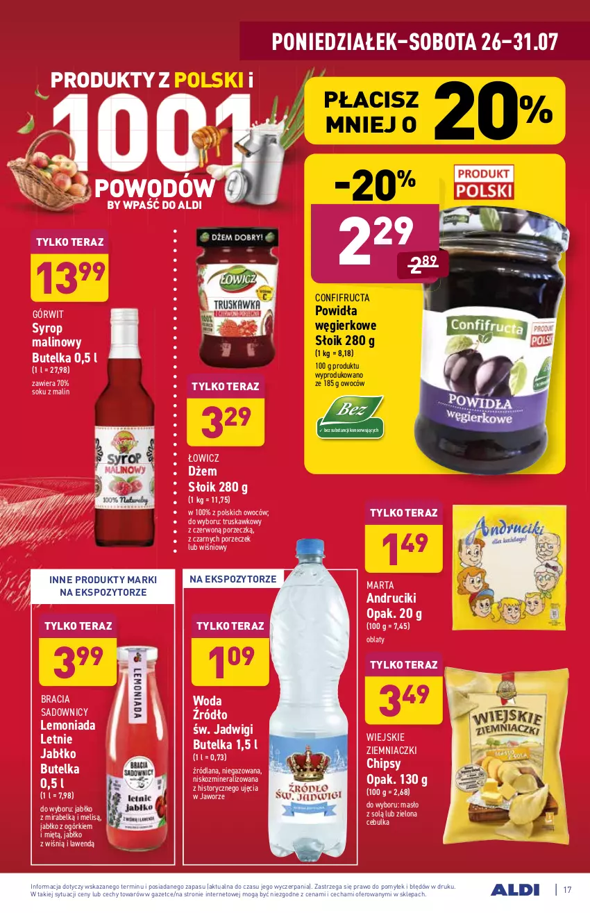 Gazetka promocyjna Aldi - ważna 26.07 do 31.07.2021 - strona 17 - produkty: Chipsy, Dżem, LANA, Lemoniada, Masło, Por, Ser, Sok, Syrop, Tera, Woda