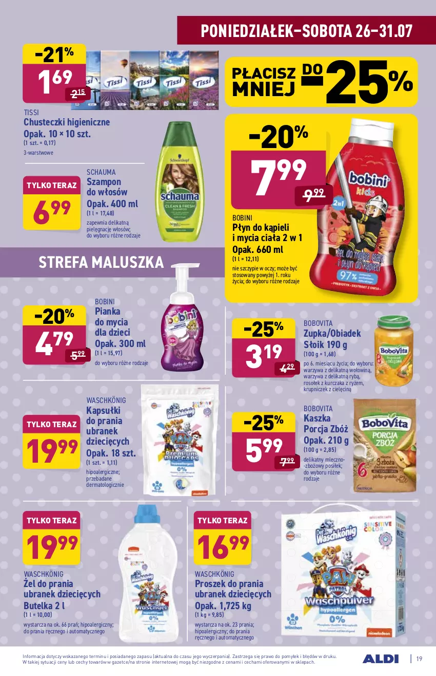 Gazetka promocyjna Aldi - ważna 26.07 do 31.07.2021 - strona 19 - produkty: BoboVita, Chusteczki, Dzieci, Fa, Kapsułki do prania, König, Kurczak, Płyn do kąpieli, Por, Proszek do prania, Ryż, Schauma, Szampon, Tera, Warzywa