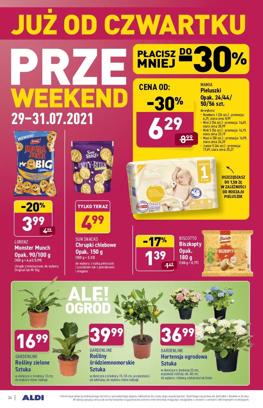 Gazetka promocyjna Aldi - ważna 26.07 do 31.07.2021 - strona 24 - produkty: Biszkopty, Chleb, Chrupki, Chrupki chlebowe, Gin, Lorenz, Monster Munch, Sok, Tera